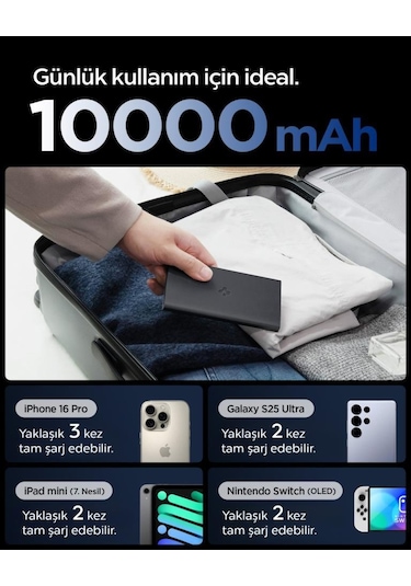 Spigen 10000 Mah Slim Alüminyum Kasa 22,5w Usb-c + Usb-a Giriş / Çıkış Hızlı Şarj 3 Portlu Powerbank / 1 Metre Type-c Harici Kablolu Taşınabilir Şarj Cihazı + Taşıma Çantası Ea2210 Black Siyah
