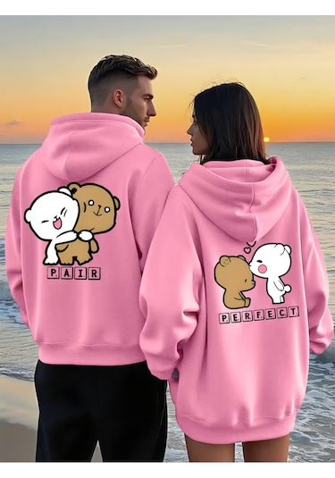 Nevermind Sevgili Kombin Hoodie Çift Sweatshirt Çiftlere Özel Ayıcık Bask Pembe