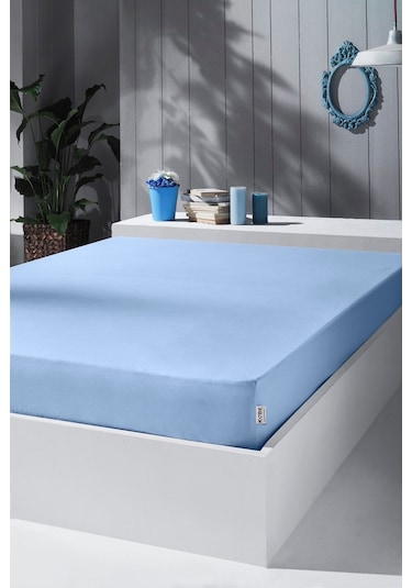 Penye Lastikli Çarşaf, Battal Çift Kişilik , Açık Mavi, Pamuk-elastan Örme Kumaş, 230 Gr/m² Açık Mavi