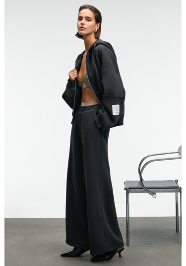 Grımelange Vıvıenne Kadın Metal Fermuarlı Kapüşonlu Kolda Süs Etiket Ve Cep Detaylı Antrasit Sweatsh Antrasit