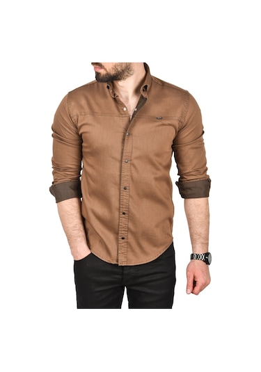 Deepsea Erkek Kahve Slim Fit Pamuklu Kot Gömlek Kolay Ütülenebilir Çıt Çıtlı Likralı Spor Gömlek 2502504 Kahve