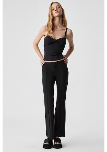 GRIMELANGE Efılıus Kadın Slim Geniş Paça Fermuarlı Siyah Pantolon Siyah