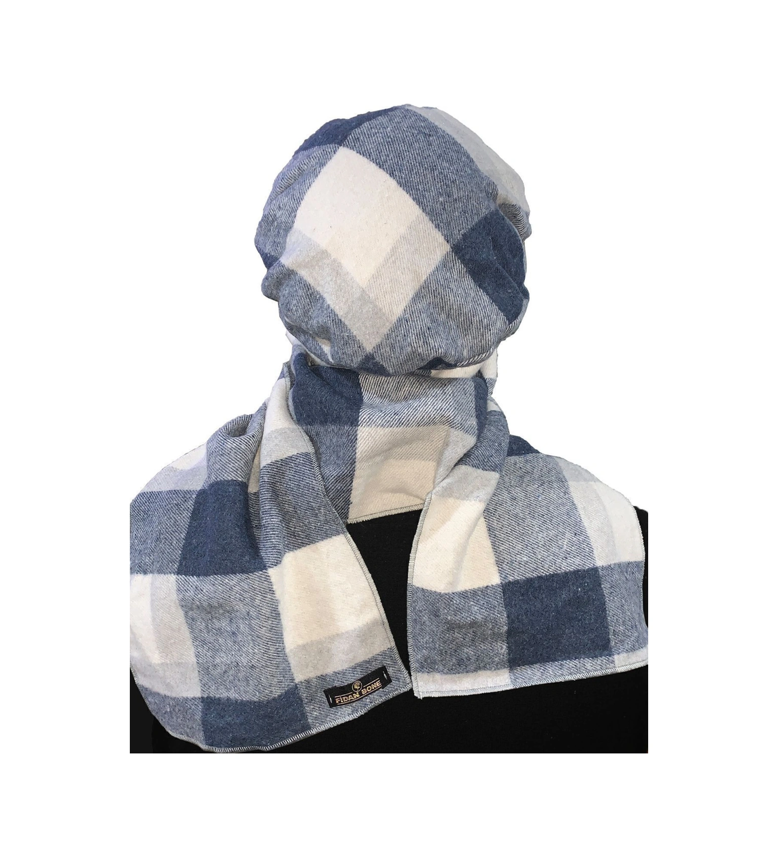 Yün Kasket Şapka Atkılı Ekose Desenli Mavi-krem Hazır Türban Tesettür Bone Bere Mavi-krem