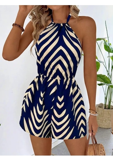 The İstanbul Kadın Boyundan Askılı Halter Yakalı Desenli Süprem Tulum Lacivert