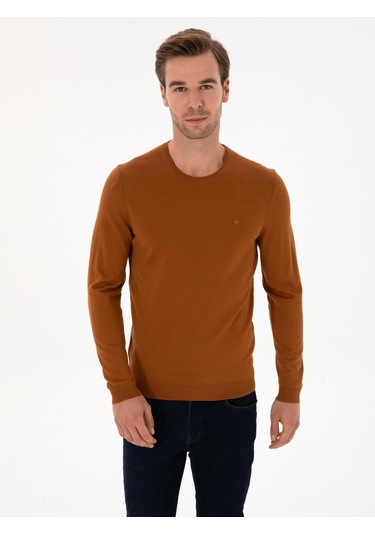 Cacharel Karamel Slim Fit Yün Karışımlı Bisiklet Yaka Basic Triko Kazak Kahverengi