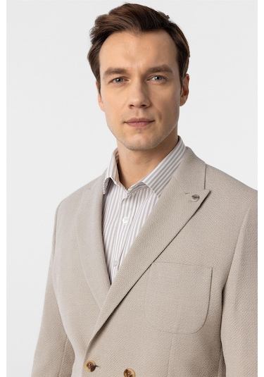 Süvari Bej Slim Fit Baskılı Kruvaze Yaka 6 Drop Ceket