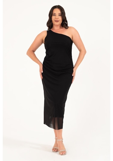 Astarlı Metalik Toka Detay Tül Elbise-1746-siyah Siyah