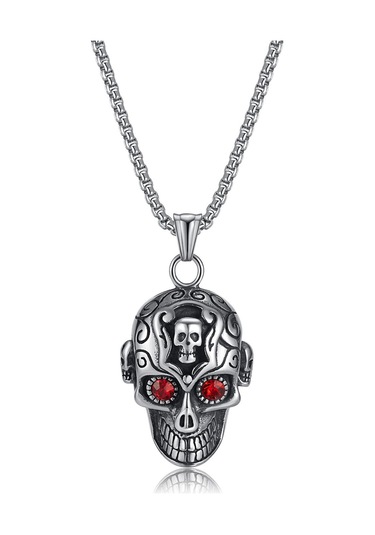 Siyah Opk Kafatası Retro Kırmızı Gözler Kolye Erkekler 3 55cm Siyah