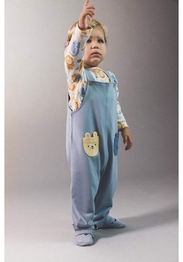 Defacto Erkek Bebek 2li Takım Safari Baskılı Uzun Kollu Tişört Salopet F2208a525aube523 Mavi