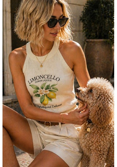 İbeeka Limoncello Muse Crop Halter Yaka Top / Mevsimlik Ince Triko Bluz Krem