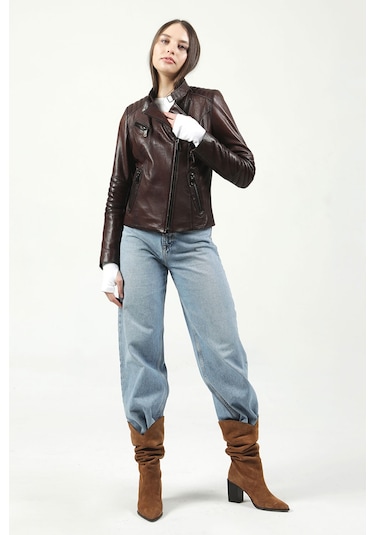 Dericlub Kasuka Jumbo Gerçek Deri Kadın Mont Kahve