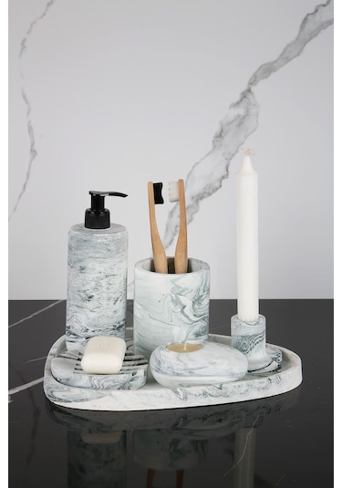 Betonmall 6 Parça Mermer Desenli Beton Banyo Seti Katı Ve Sıvı Sabunluk Mumluk Tütsülük Diş Fırçalığı - Yeşil Yeşil
