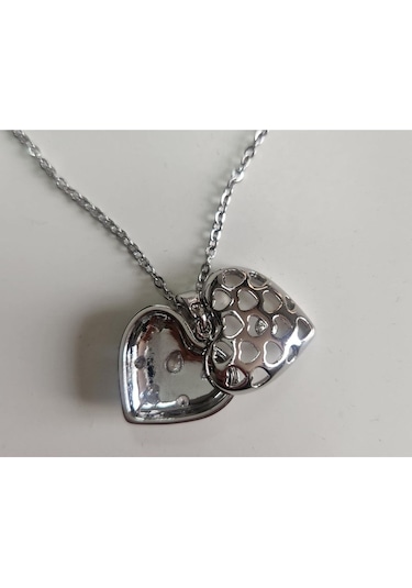 Uzel Çelik Açılır Kapanır Taşlı Kalp Kolye Beyaz