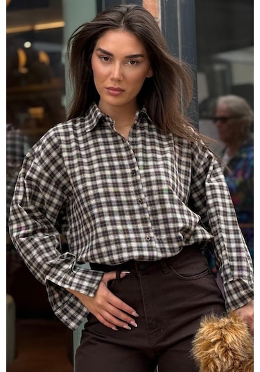 Madmext Camel Oversize Kareli Kadın Gömlek Mg2822