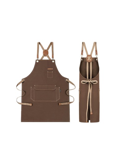 Erkekler Kadınlar İçin Çapraz Sırt Askılı Şef Önlüğü, Pamuklu Kanvas Önlük Kahverengi, Diğer