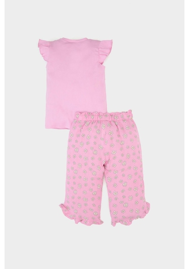 DeFacto Kız Bebek Krinkıl Viskon 2'li Takım Kısa Kollu Tişört Beli Lastikli Çiçekli Pantolon E7798A525SMPN444 Pembe