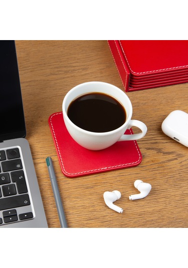 Bardak Altlığı,6 Lı Set,masaüstü Kare Cup Coaster,vegan Suni Deri,11x11 Cm.,kırmızı