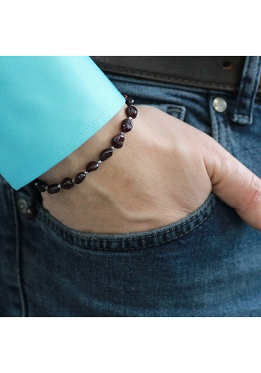 Makrome Örgülü Naturel Kesim Lal Doğaltaş Erkek Bileklik Kahverengi - Siyah