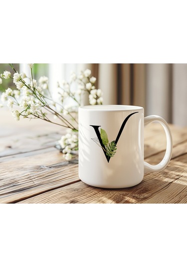 V Harf Zarif Yaprak Desenli Kupa Bardak - Naturel Sade Alfabe Harfli Bardak - Kişiye Özel Hediye Beyaz