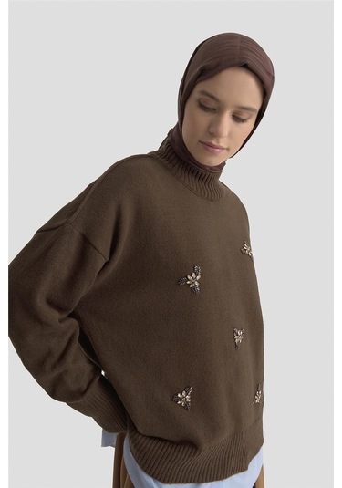 Armine Nakışlı Oversize Kazak 25kd6015 Acı Kahve Acı Kahve