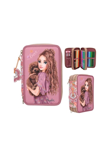 Top Model 3 Katlı Kalem Kutusu - Çiçek Desenli Çok Renkli