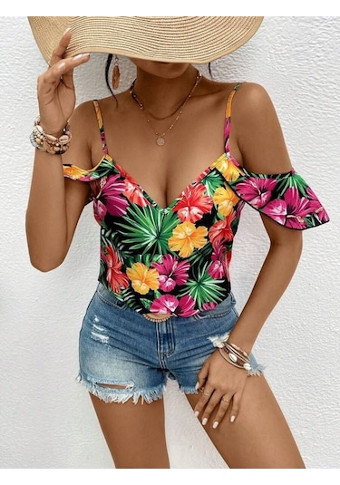 Munn Collection Kadın Askılı Omuzlardan Açık Çiçek Baskılı Bluz Desenli