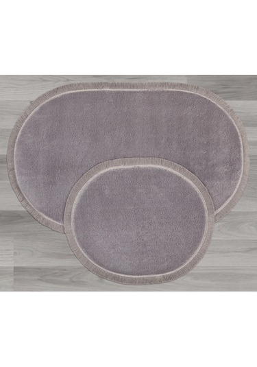 My Evilla Modern Dekoratif Halı Jel Kaymaz Taban Peluş Gri Saçaklı Oval Paspas Takımı 50x80 Çok Renkli