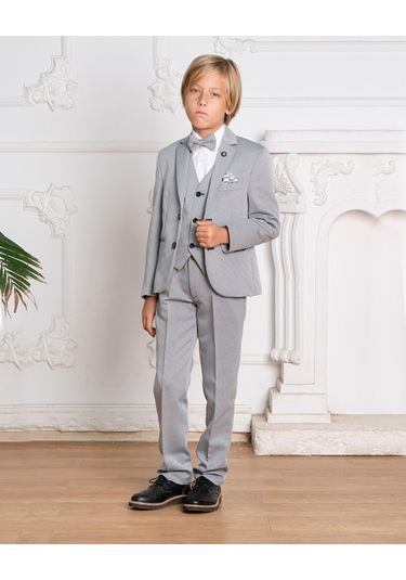 Erkek Çocuk Takım Elbise Gri 5 Li Ceket-yelek-gömlek-pantolon-papyon Takım Elbise 5-12 Yaş Gri