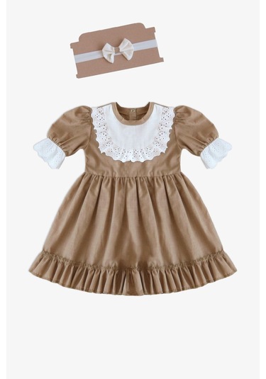 Kız Çocuk Ruby Kahverengi Fırfırlı Dantel Detaylı Kısa Kollu Elbise Bandana Takım Elb-0070.16 Kahverengi