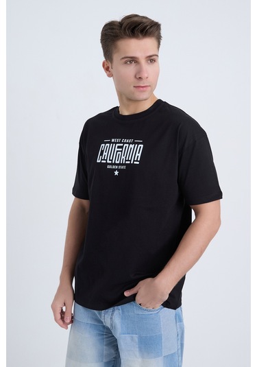Erkek Oversize Baskılı T-shirt Siyah California Siyah