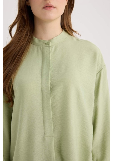 DeFacto Relax Fit Hakim Yaka Basic Düz Uzun Kollu Gömlek Tunik E1757AX25SPGN270