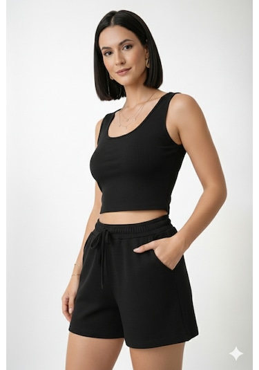Trend Alisse Kadın Beli Lastikli Siyah Şort Crop Alt Üst İkili Takım