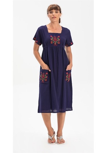 Kısa Kol Şile Bezi Melek Midi Boy Elbise Lacivert Lcvt