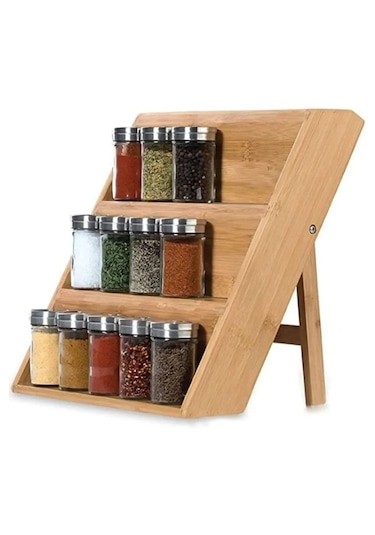 Bambu 3 Katlı Katlanır Ayaklı Baharatlık Standı Doğal, Ayarlanabilir Ve Katlanabilir Bambu Organizer Bambu