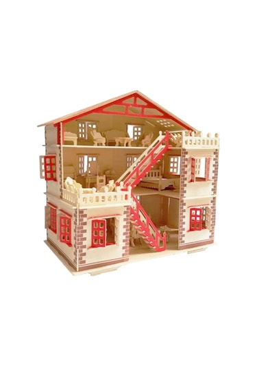 Büyük Boy Ahşap Maket Oyun Evi + 15 Parça Ahşap Mobilya