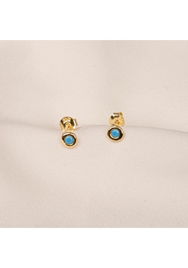 Altın Küpe - 14 Ayar Altın Minimal Firuze Turkuaz Taşlı Küpe Sarı