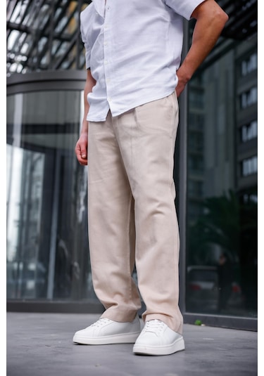 Keten Baggy Bej Renk Erkek Pantolon-1762 Bej