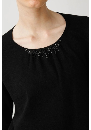 Desen Triko Kadın Sıfır Yaka Dantel Çiçek İşlemeli Ligralı Bluz 25093 Siyah Siyah