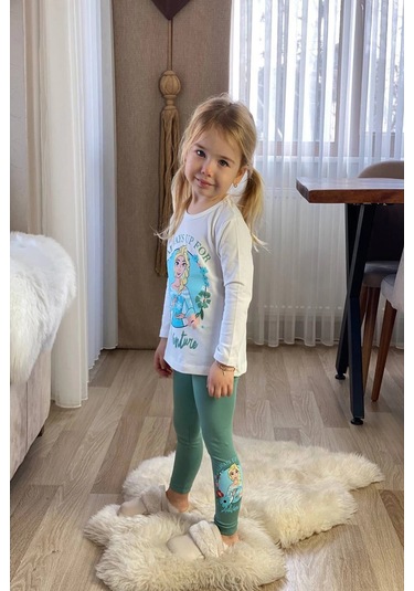 Elsa Desenli Yeşil Renk Kız Çocuk Taytlı Takım Yeşil