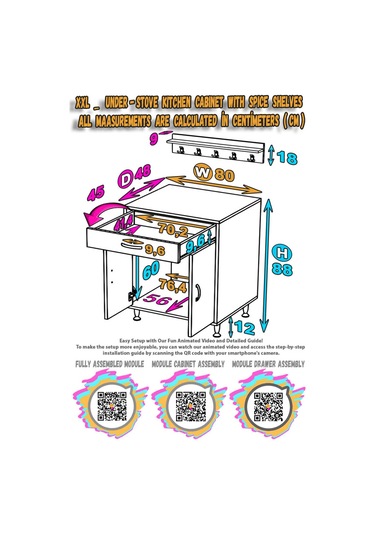Modilayn Doqu Xxxl Set Ocak Altı Dolap 80x88x48 Cm, Çekmeceli, Kapaklı, Tüp Bölmeli Ve Baharat Raflı Beyaz