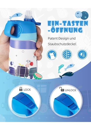 Vagonlife Çelik Pipetli Çocuk Termos Matara 350Ml Mavi