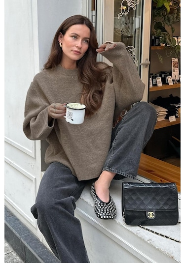 Madmext Madmext Bisiklet Yaka Oversize Triko Kazak MG1972 Vizon