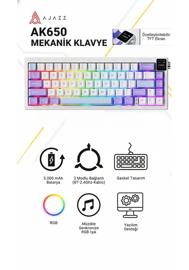 Ak650 Tft Ekranlı 3 Modlu Mekanik Oyun Klavyesi-5.000 Mah Batarya-gasket Tasarım - Purple White