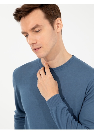 Cacharel Mavi Slim Fit Bisiklet Yaka Basic Triko Kazak