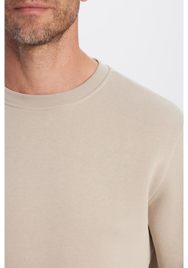 Unisex Oversize Geniş Kesim Pamuklu Yumuşak Dokulu Polarlı Basic Taş Renk Bisiklet Yaka Sweatshirt-23348 Taş