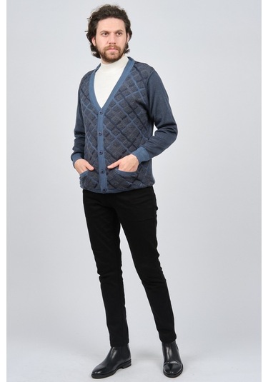 Çizgi Triko Erkek Cep Detaylı Desenli Hırka 42534235 Mavi-Mavi