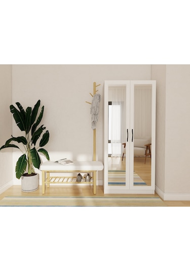 Limila 2 Kapaklı Aynalı Beyaz Renk Portmanto