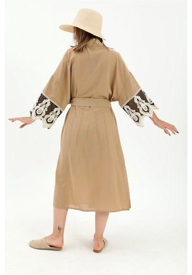 Wpr Kolları Dantelli Keten Kimono - Vizon-vizon Vizon