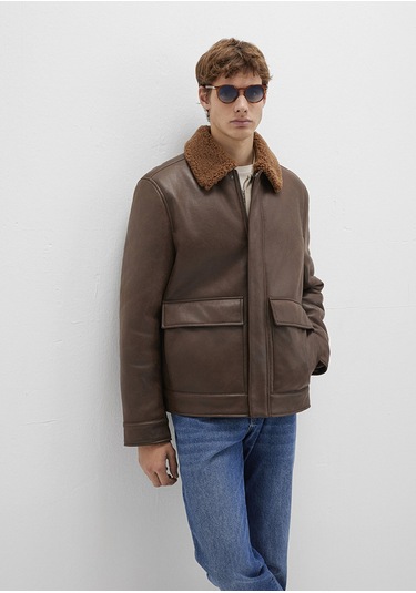 Mavi - Kahverengi Suni Kürk Detaylı Suni Deri Ceket 0110669-70240 Kahverengi