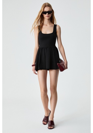 MBROS Kadın Slim Havuz Yaka Kolsuz Kısa Siyah Elbise